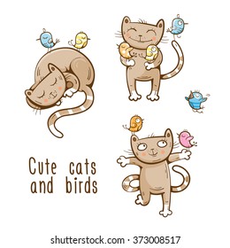 Vector cartoon cats and birds set. Best friends.