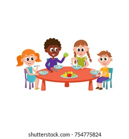 vector cartoon caucasian and african children at summer camp. Girls and boys kids sitting at big circle table eating vegetables, fruits and porridge holding forks spoons. Isolated illustration