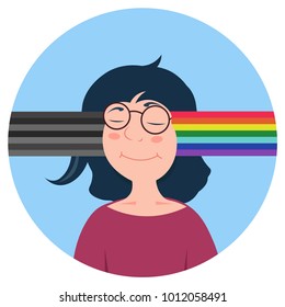 Vector cartoon caucasian woman with different type of mind. Change bad news or thoughts to positive. Optimist concept