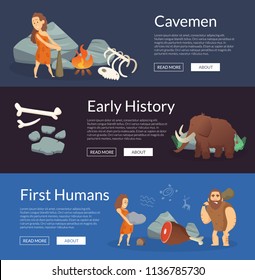 Vector cartoon cavemen horizontal web banners or poster set illustration