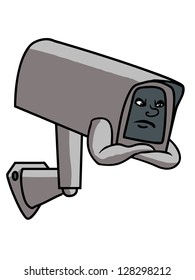 a vector cartoon of a cctv camera with an angry face,isolated on a white background