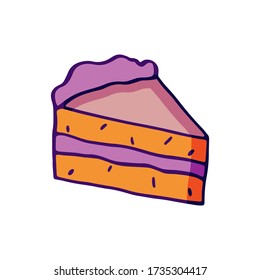 Caricatura vectorial, pedazo de pastel con crema. Icono de pastel rosa, logotipo para panadería, pastelería, confitería, tarjeta de cumpleaños. Ilustración de material aislada en un fondo blanco.
