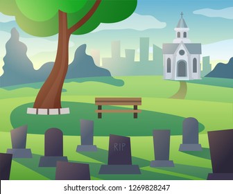 Vector cartoon cemetery with church funeral services illustration sunset graveyard landscape with modern city on background