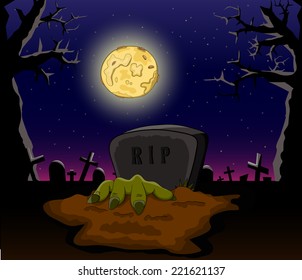 Vector cartoon cemetery with grave and zombies hand