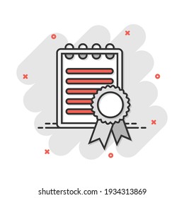 Icono de certificado de dibujos animados vectores al estilo cómico. Pictograma de la ilustración del diploma. Concepto de efecto de salpicadura de negocio de documentos de certificado.