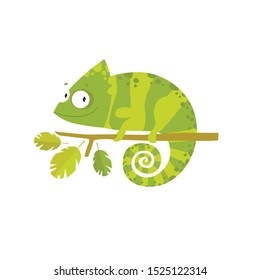 Vector Cartoon Chameleon. African Animal. Funny Lizard. Green Lizard. Chameleon On A Branch.
