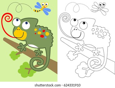 vector cartoon of chameleon on tree branches try to catch a dragonfly, coloring book or page