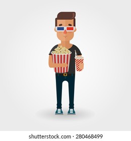 Vector Cartoon Character with 3D Glasses, Popcorn and Lemonade