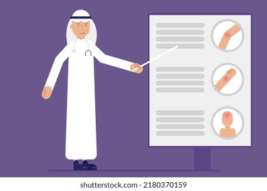 Vector cartoon character, Arab Gulf doctor puts a stethoscope, provides explanation and instructions for some pain, medicine and health care