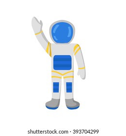 Vector cartoon character astronaut in spacesuit. Cartoon astronaut/cosmonaut character waves hand. Universe travel adventure