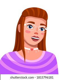 Vector cartoon character. Avatar of young brown-haired smiling girl in glasses light makeup and choker at her neck. Isolated at white portrait of pretty elegance girl with blue eyes. Attractive lady