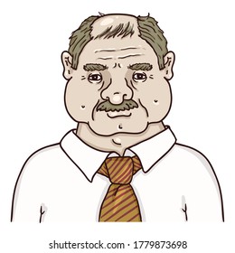 Vector Cartoon Character - Bald Old Man in White Shirt and Necktie. Male Retired Person Portrait.