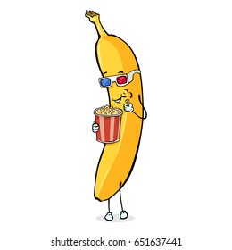 Vector Cartoon Character - Banana with Popcorn and 3d-Glasses on White Background