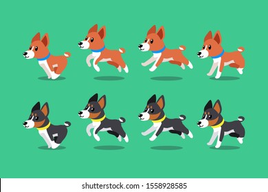Vector cartoon character basenji dogs running step for design.