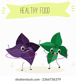 Vector cartoon character basil green and purple, funny characters. Farm fresh harvest, agricultural organic vegetables or vegetarian products, herbs, seasoning.