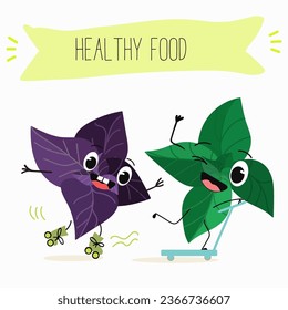 Vector cartoon character basil green and purple, funny characters. Farm fresh harvest, agricultural organic vegetables or vegetarian products, herbs, seasoning.