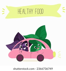 Vector cartoon character basil green and purple, funny characters. Farm fresh harvest, agricultural organic vegetables or vegetarian products, herbs, seasoning.