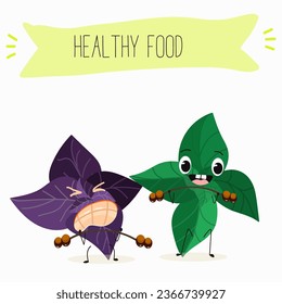 Vector cartoon character basil green and purple, funny characters. Farm fresh harvest, agricultural organic vegetables or vegetarian products, herbs, seasoning.