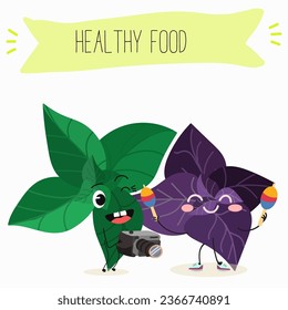 Vector cartoon character basil green and purple, funny characters. Farm fresh harvest, agricultural organic vegetables or vegetarian products, herbs, seasoning.