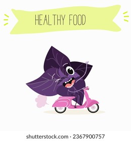 Vector cartoon character basil green and purple, funny characters. Farm fresh harvest, agricultural organic vegetables or vegetarian products, herbs, seasoning.