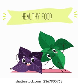 Vector cartoon character basil green and purple, funny characters. Farm fresh harvest, agricultural organic vegetables or vegetarian products, herbs, seasoning.