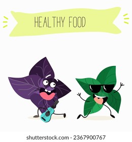 Personajes divertidos, verdes y morados de basil caricatura vectorial. Cosecha fresca agrícola, verduras orgánicas agrícolas o productos vegetarianos, hierbas, condimento.