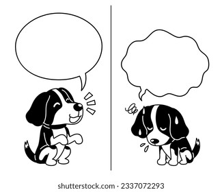 Vector cartoon character beagle dog expressing different emotions with speech bubbles for design.