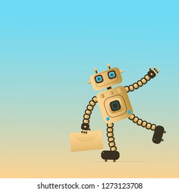 Vector cartoon character beige and black robot courier carrying mail on beige-blue gradient background isolate