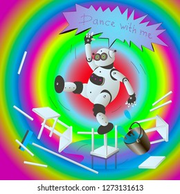 Vector cartoon character beige and black the robot broke went crazy made a mess and chaos poured water turned over a bucket and furniture dances says the word “dance with me”