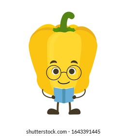 Vector cartoon character of bell pepper - smart boy in glasses reads book, healthy plant for kids. Funny mascot, vegan concept.