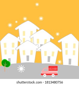 Vector cartoon character of big 
building or house and many people living in there and pandemic of virus covid-19 and germ are around in the air and delivery car from online shopping park on the road