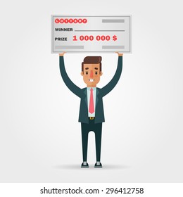 Vector Cartoon Character with a Big Check for One Million Dollars