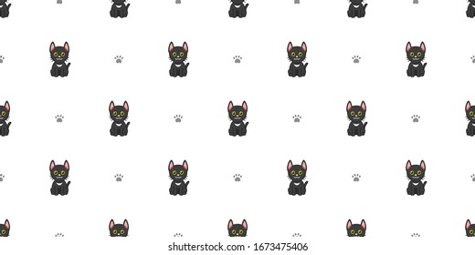 Vector cartoon character black cat seamless pattern background for design.