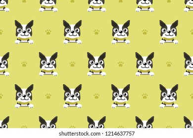Vector cartoon character boston terrier dog seamless pattern for design.
