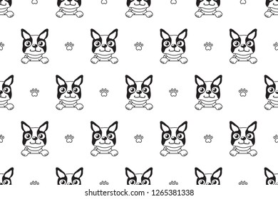 Vector cartoon character boston terrier dog seamless pattern for design.