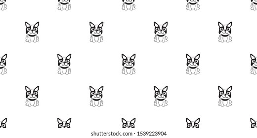 Vector cartoon character boston terrier dog seamless pattern background for design.