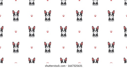 Caricatura vectorial del personaje de boston terrier perro sin fisuras fondo de patrón para el diseño.