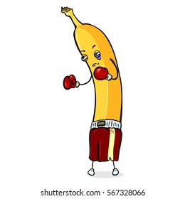 Vector Cartoon Character. Boxer Banana in Red Boxing Gloves and Shorts