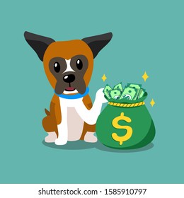 Vector cartoon character boxer dog with money bag for design.