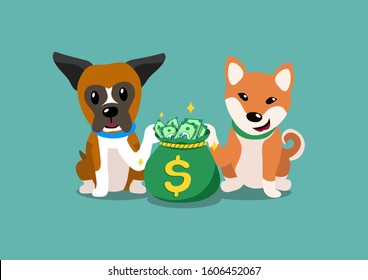 Vector cartoon character boxer and shiba inu dogs with money bag for design.