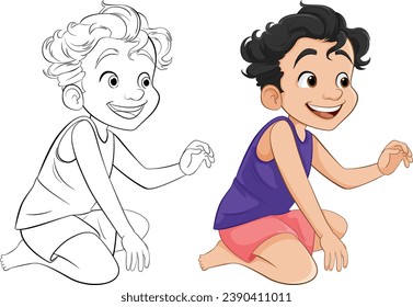 Caricatura vectorial de un niño sentado y sonriente, con un contorno para colorear