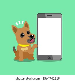 Vector cartoon character brown dog with smartphone for design.