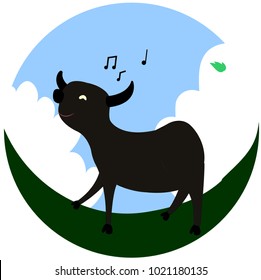 Vector of cartoon character. A buffalo walking happily and sing a song on the green field with sunny day blue sky and clouds 