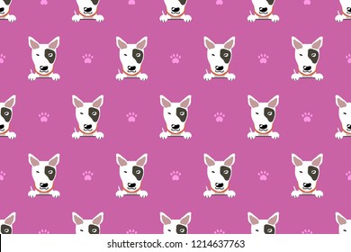 Vector cartoon character bull terrier dog seamless pattern for design.