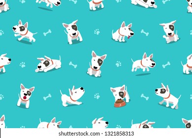 Vector cartoon character bull terrier dog seamless pattern for design.