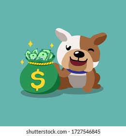 Vector cartoon character bulldog with money bag for design.