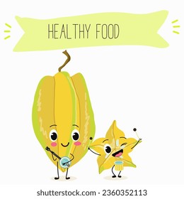 Vector cartoon character carambola, carom, funny vegetable, fruit. Farm fresh harvest, agriculture organic veggie or vegetarian food ripe product. 