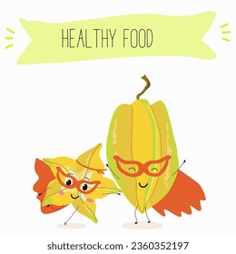 Vector cartoon character carambola, carom, funny vegetable, fruit. Farm fresh harvest, agriculture organic veggie or vegetarian food ripe product. 