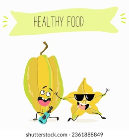 Vector cartoon character carambola, carom, funny vegetable, fruit. Farm fresh harvest, agriculture organic veggie or vegetarian food ripe product. 