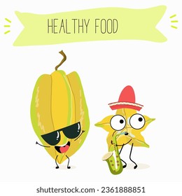 Vector cartoon character carambola, carom, funny vegetable, fruit. Farm fresh harvest, agriculture organic veggie or vegetarian food ripe product. 
